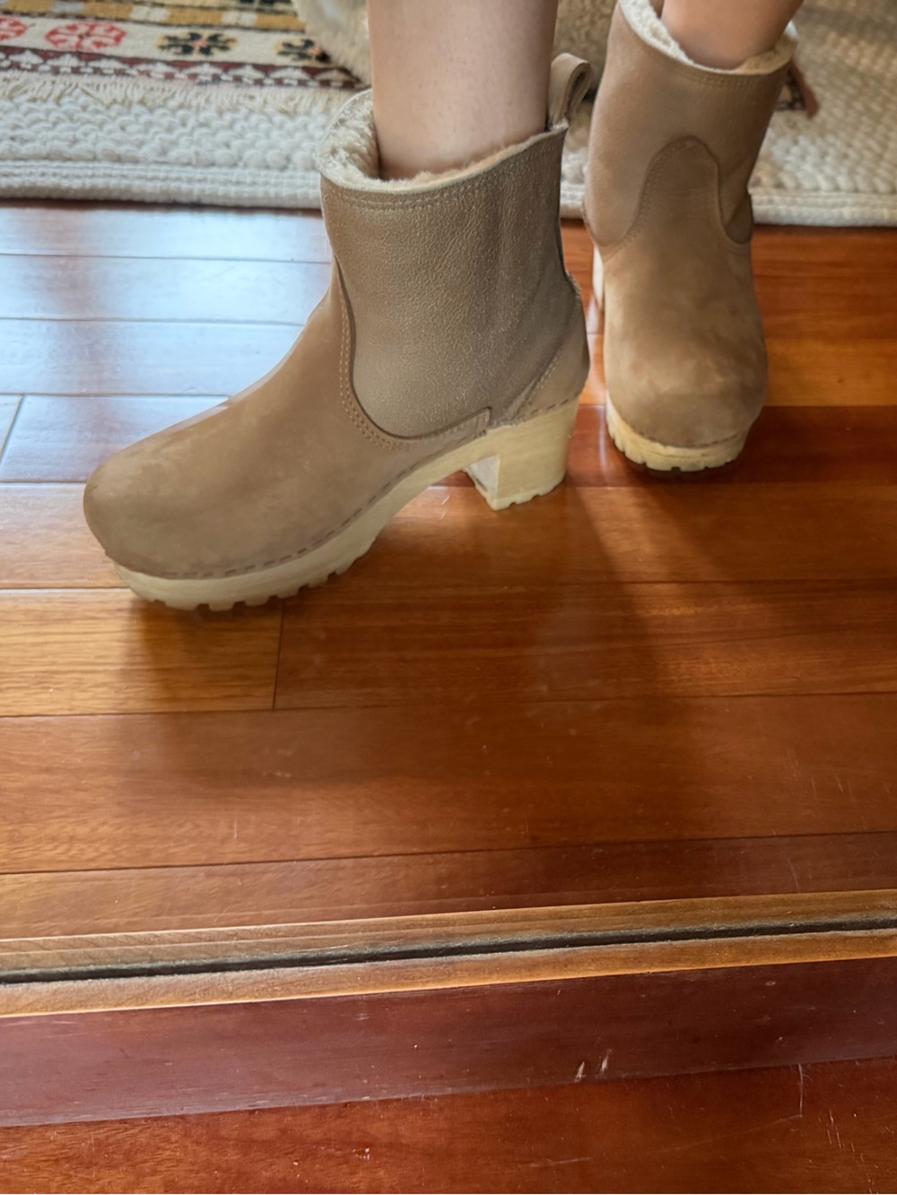 Women’s Tan Suede Ankle Shearling Clog Boots with Chunky Heel